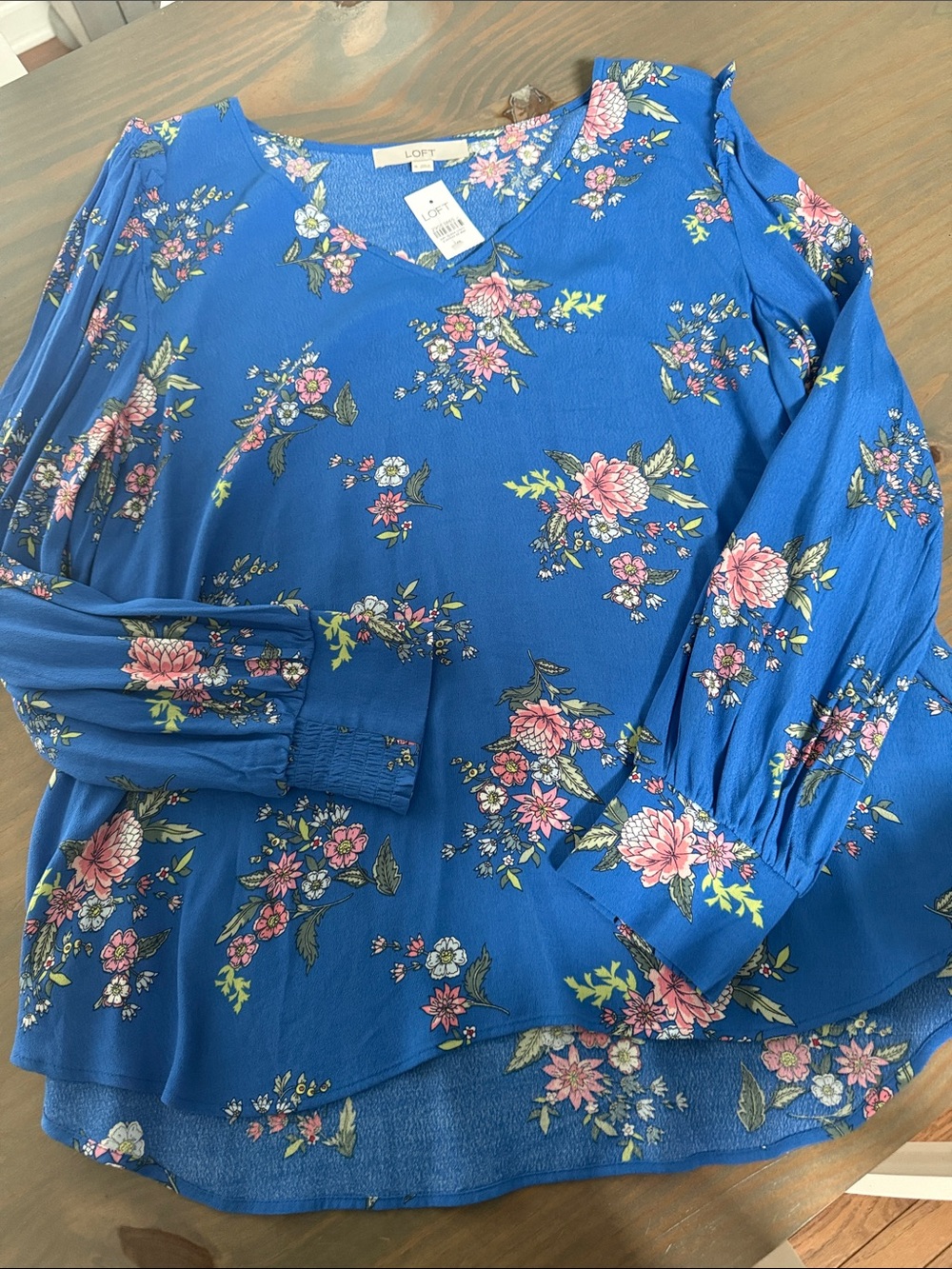 LOFT Cobalt Blue Floral V-Neck Blouse with Pink Accents